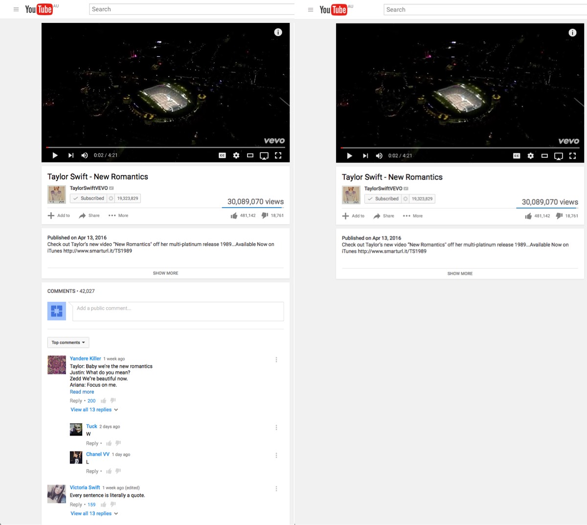 Screenshot of Taylor Swift music video on YouTube