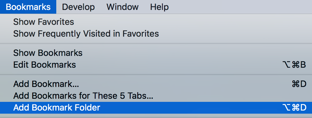 Safari&rsquo;s bookmarks menu after the shortcut is added
