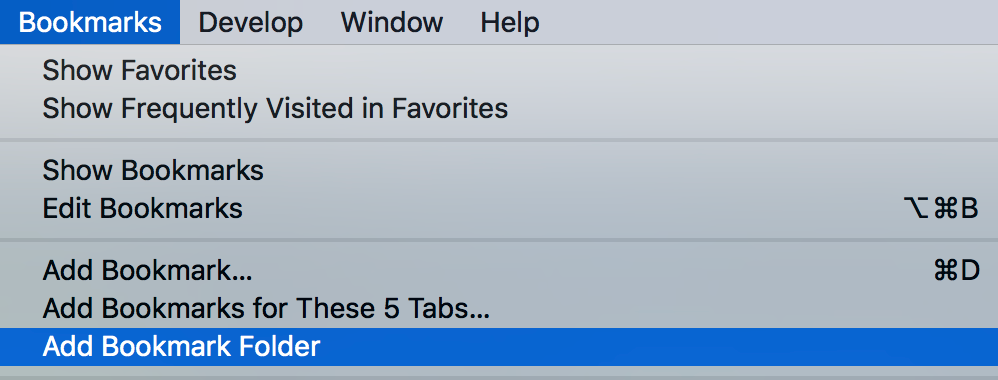 Safari&rsquo;s bookmarks menu before the shortcut is added