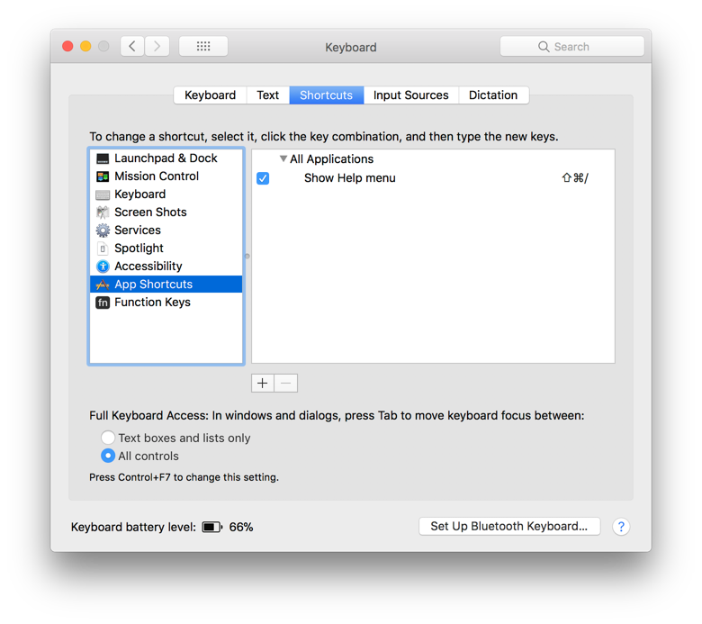 System Preferences > Keyboard > Shortcuts before adding a custom shortcut